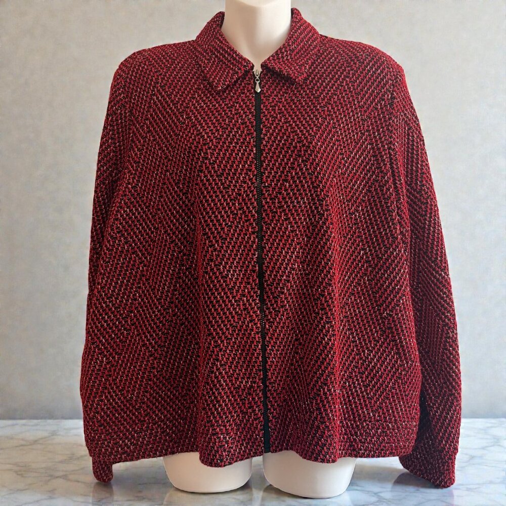 Alfred Dunner Petite Red & Black Metallic Knit Zip-Front Jacket | Size 12P - Picture 2 of 12